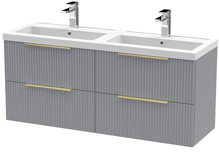 Balterley Vanity Unit with Basin Wall Hung, 4 Drawer Soft Close with 2 Rectangular Sink and Handles, Bathroom Vanity Units with Basin, Fluted Front Sink Cabinet - 1205 x 383 x 540mm (Grey)