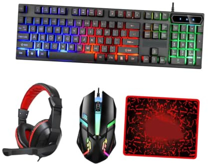 Kisangel Backlit Gaming Keyboard and Mouse Combo with Gaming Headset and Mouse Pad Ergonomic LED Keycaps Wired Rgb Light for Computer and Laptop Use