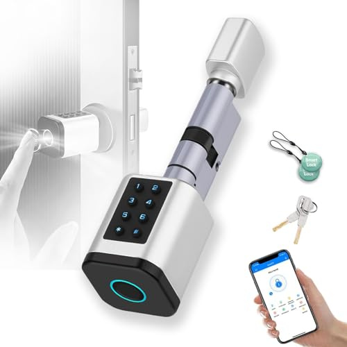 Türschloss Fingerabdruck, Fingerabdruck Smart Lock, Elektronisches Türschloss Haustür mit Zahlencode RFID Schlüssel APP, SchließZylinde Einstellbare Länge für 70-90mm Tür