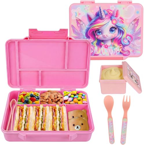 PinkSheep Bento Mittagessen Box für Kinder 6-12Y, 1300 ml Lebensmittelbehälter mit Fächern Geschirr und Salat Box, BPA-freie Leck-proof, zurück zur Schule Mittagessen/Snack Container (Einhorn)