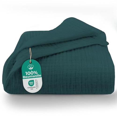 Dreamzie Musselin Tagesdecke 220x240 cm – Baumwolldecke Oeko-Tex Zertifiziert – Atmungsaktive Kuscheldecke – leichte Kuscheldecke Baumwolle als Sofa-, Bett- & Couchüberwurf – Petrolgrün