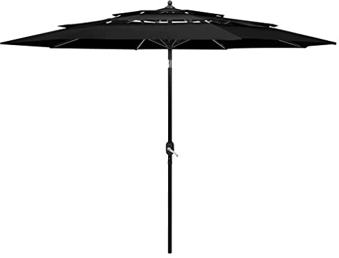 Ziaphsol Parasol avec mât en aluminium, 3 couches, noir, 3 m, protection UV pour jardin et terrasse, imperméable, inclinable avec manivelle, support robuste