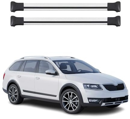 OMAC Aluminium Dachträger Querträger für Skoda Octavia III Kombi 2017-2019 FL – TÜV/DIN 75302:2019 – Max. 75 kg – 2 Stangen Silber