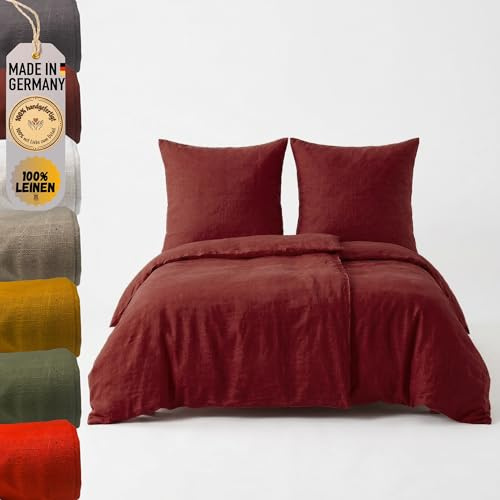 chambry Premium Bettwäsche 100% Leinen - handgefertigt in Deutschland - atmungsaktiv temperaturausgleichend bügelfrei - 2X Bettbezug 135x200cm + 2X Kissenbezug 80x80cm - Bordeaux