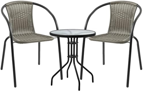 MAT-COMPANY Gartenmöbel Set 3 teilig Balkonmöbel Set mit 2 Stühlen und Tisch Polyrattan Bistro Set Balkon Terrasse Garten Sitzgruppe mit Glastisch Metallgestell Grau