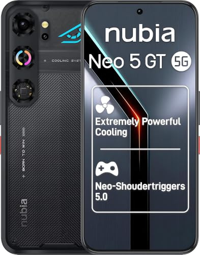 nubia Neo 5 GT Smartphone 5G 6,8’’ AMOLED 120Hz, MediaTek Dimensity 7400, RAM 12GB, 256GB, Batteria 6210mAh, Fotocamera 50MP, Cooling fan, Android 16, Cover con design gaming, Black