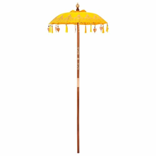 LKJephalotrop Balinesischer Sonnenschirm Gelb 125 x 125 x 260 cm - Bali Gartenschirm aus Holz und Bambus mit Quasten, handgeschnitzter Holzstab für Terrasse und Gartenpartys
