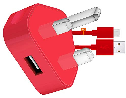 IWIO 3 Pin UK USB Mains Charger Adapter 1000 mAh / 1 AMPwith USB 2.0 Micro USB Sync and Charge Cable 1 Meter compatible with Amazon Fire HD 8 8 Inch - RED