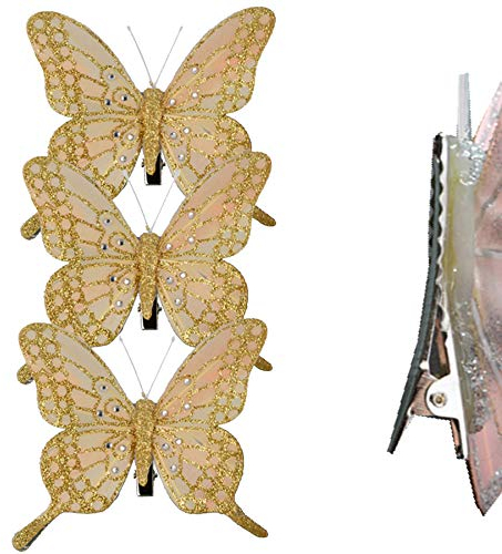 Christmas 3 Pack Clip on Feather Butterfly with Glitter Tree Decoration - Champagne Gold