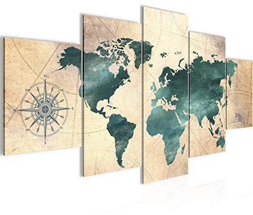 Runa Art - Bilder Weltkarte 200 x 100 cm 5 Teilig XXL Wanddekoration Design Grün braun 026051a