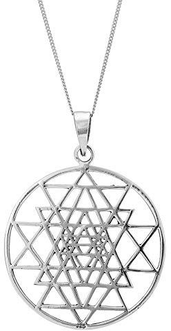 81stgeneration 925 Sterling Silber Großer Runder Durchbrochener Sri Yantra Symbol Anhänger Halskette