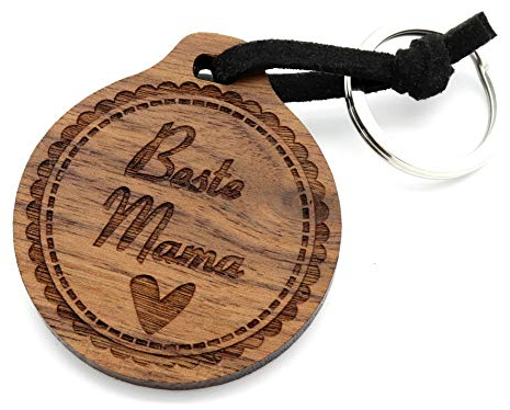 NaturSchatulle Schlüsselanhänger aus Holz mit Gravur Beste Mama Nussbaumholz mit Edelstahl Schlüsselring Band Schlüsselbund Geschenkidee