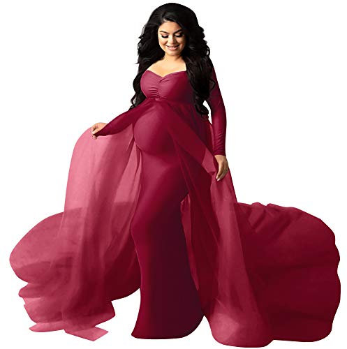 Odizli Robe de maternité - Robe de grossesse - Robe de grossesse - Robe de fête de mariage - Robe d'allaitement - Robe de princesse longue - Robe de mariée de grossesse, rouge bordeaux, XL