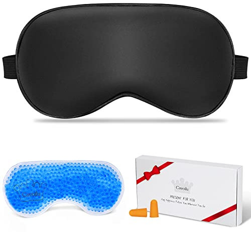 Cavoilu Eye Mask, Cooling Sleep Mask Gel Eye Mask for Sleeping, Black Silk Sleeping Mask for Travel, Gifts for Men Women, Stocking Stuffers