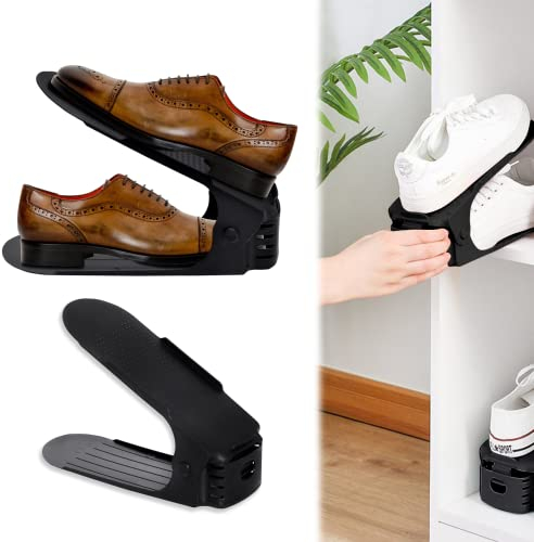 Froadp 30 Stück Einstellbare Schuhorganizer aus PP-Material rutschfest Schuhstapler mit 3 Höhenverstellbar Schuh Organisierer Doppelschicht Schuhstapler Set Platzsparend Schuhaufbewahrung (Schwarz)