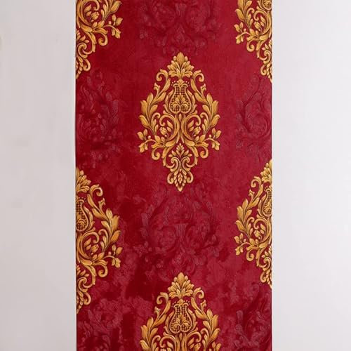 9.5X0.53M 3 Colors Luxury Gold Damask Waterproof Embossed Matt Textured PVC Wallpaper Murals Roll for Bedroom Livingroom 1.73' W x 31.2' L=5.035㎡ (54sq.ft) (Red)