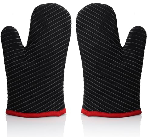 GHONLZIN Gants de Four, Gants de Cuisine en Silicone Résistant à Chaleur avec Doublure en Coton et Surface Antidérapante, Conception rayée Gant Four Lavable pour la Cuisine, la Cuisson, Le Barbecue