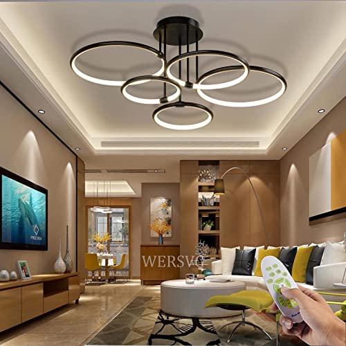 WERSVG Modern LED Deckenleuchte Wohnzimmerlampe Deckenlampe Schwarz 5-Ring Deckenleuchte 108W 8640LM Dimmbar 3500K-6500K Mit Fernbedienung flurlampe decke, für Wohnzimmer Schlafzimmer Küche Esszimmer