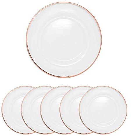 Trimming Shop Decorative Charger Plates, Rose Gold Trim Glass Plates for Dinner Table Decoration, Weddings, Anniversary, Birthday, Party, Tableware, Catering Events, 33cm, 6pcs