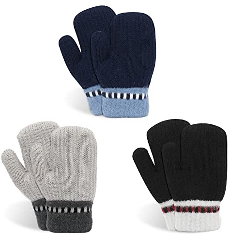 TAGVO Kinder Jungen Handschuhe Stretch Vollfinger Strickhandschuhe, 3 Paare Winter Kleinkind Handschuh, Warme Strick Handschuhe für Kleinkinder Jungen Mädchen Für Alter 2-5 Jahre