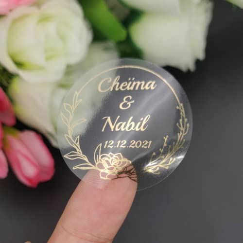guk Personalisierbare Aufkleber mit Namen und Datum, transparent, Aufkleber für Einladungen, Hochzeit, Taufe, Verlobung, Kommunion, Geburtstag, Party, Vintage, Stempel (F)