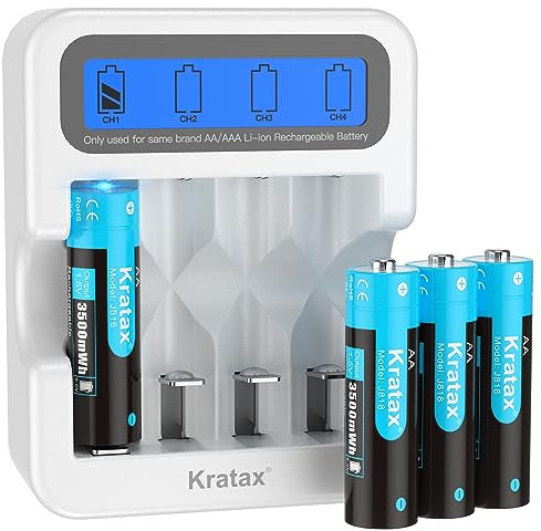 Kratax 4-Pack AA Rechargeable Batteries with LCD Charger | 1.5V Lithium AA Battery|3500mWh|1600Cycles|Constant Output|Max 3A Discharge| - Home&Office Use|Blink Camera|VR/Xbox GamingPad|RC Car,etc.