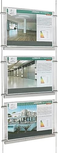 Présentoir à câbles lumineux monofacial de vitrine, EVO LED KIT 1x3, avec 3 dossiers en methacrylate format A4 horizontal, porte-annonces pour les agences immobilières, les studios photo, etc.