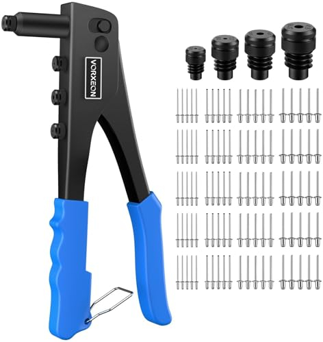 VORXEON Remachadora Manual con 100 Remaches 2.4mm 3.3mm 4.0mm 4.8mm 4 Brocas, Pistola de Remaches para Remaches de Aluminio Acero Automóviles Muebles Bricolaje