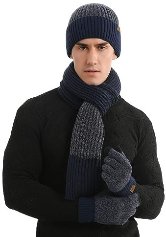 Hilmocho Herren Hut Schal Handschuhe Set 3 in 1 Winter Warm Gestrickte Mütze Lange Schal Touch Screen Handschuhe Geschenk Set