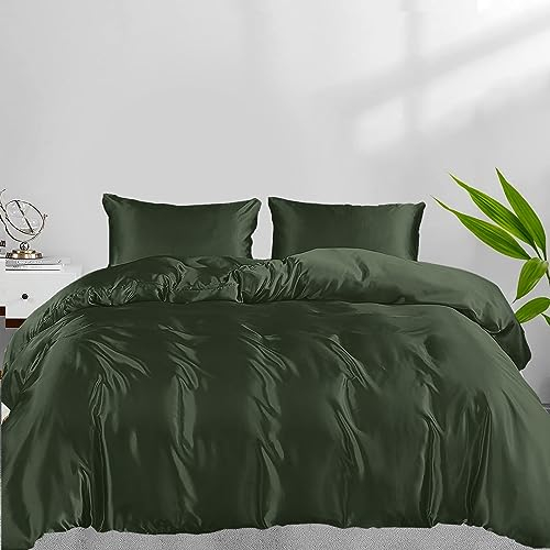 LINENWALAS Bamboo Bed Linen Set, Premium Bamboo Silk Duvet Cover Set with Pillowcase, 2-Piece Bedding Set, 135 x 200 cm Luxury, Soft, Cooling Quilt Cover (Avocado Green)