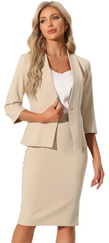 Allegra K Business Skirt Suit Set for Women's 2 Piece Office Work Outfit Collarless Blazer Pencil Skirt Khaki L