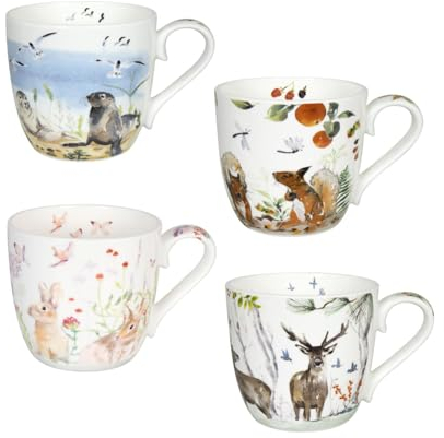 Könitz Porzellan Becher Set 4 teilig Kaffee Becher Tee Tassen Victoria Lowe natur Tiere