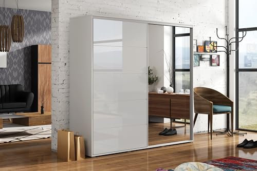 BM-Möbel Großer Kleiderschrank mit Schiebetür aus Glas/Lacobel und Spiegel - mit Einlegeböden und Kleiderstange für Garderobe - 2-türig - Weiß, Lacobel Weiß - 230 X 62 X 215 cm (B/T/H)