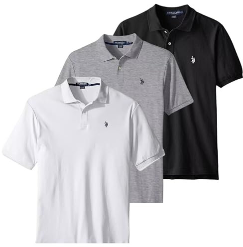U.S. Polo Assn. Klassisches Poloshirt für Herren, Zwei-Knopf-Verschluss, Piqué-Poloshirt, Sommermode, Golfshirt, Heather Grey/White/Black, L