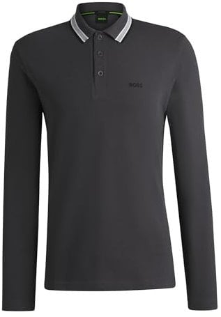 BOSS Mens Long Sleeve Polo Shirt Lifestyle Cotton Dark Grey XL