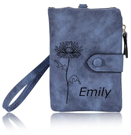 INBLUE Individuelle Leder Geldbörse für Frauen Geburt Blume mit Namen Damen Geldbörse Kleine Münze Geldbörse mit Handgelenk Strap Personalisiertes Geschenk für Muttertag Geburtstag - Blau