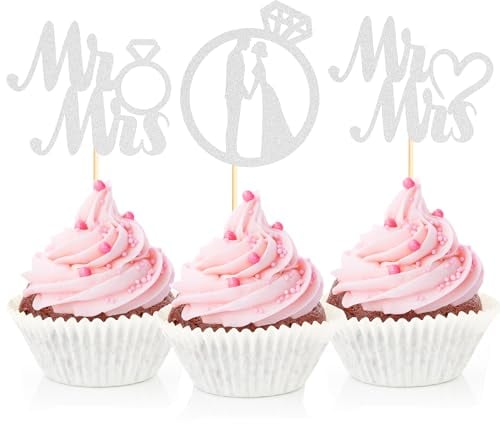 Sotpot Silver 24pcs Miss to Mrs Cupcake Toppers with Ring For Wedding Bridal Shower,Wedding Engagement Party Cake Decorations