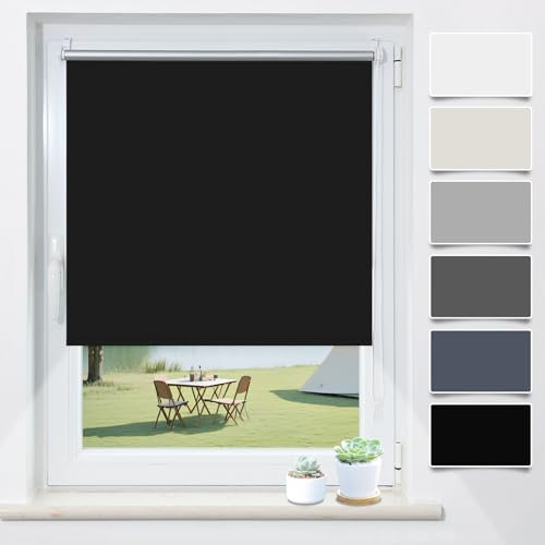 Verdunklungsrollo Klemmfix ohne Bohren Schwarz B50 x H130cm(Stoffbreite 45cm) Rollos für Fenster ohne Bohren Thermo Rollo Verdunkelung Klemmrollo Thermorollo Seitenzugrollo Sonnen- & Hitzeschutz