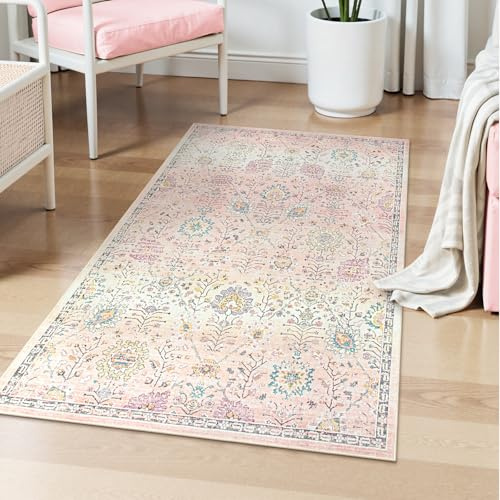 Lahome Hellrosa Boho-Teppich, 7,6 x 12,7 cm, maschinenwaschbar, für Schlafsaal, Mädchen, weiches Blumenmuster, kleines Kinderzimmer, Pastellmatte, rosa Teppich für Schlafzimmer, Kinderzimmer