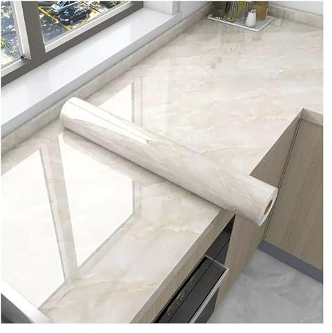 Papier Peint, Papier Adhesif pour Meuble, Papier peint autocollant en marbre de longueur à décoller et à coller, papier peint texturé en granit brillant amovible et auto-adhésif(Beige,393.7x23.62IN)