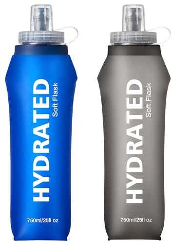 WEMEET Wiederverwendbare Soft Sportwasserflasche, 750ml Faltbare Trinkflasche mit Volumenskala, BPA-frei Faltbare Flasche, für Wandern, Laufen, Backpacking, Marathon (Blau & Grau, 2er Pack)