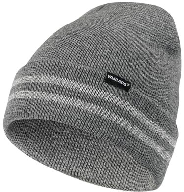 Wmcaps Mütze Herren mit Reflektierendem Streifen, Unisex Stretch Beanie mit Umschlag, Winddichte Outdoor Wintermütze für Damen, Winter Warme Laufmütze Geschenke für Sie oder Ihn, Grau