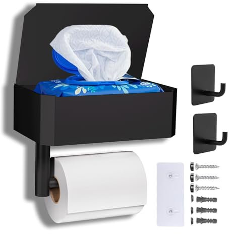 AZOMKER Toilettenpapierhalter, Klopapierhalter, Klopapierhalter Ohne Bohren, Toilettenpapierhalter Schwarz, Toilettenpapierhalter Mit Feuchttücherbox
