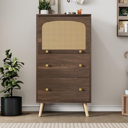 Merax Kommode Sideboard mit 2 Schubladen und Schiebetür, Highboard Küchenschrank Bücherschrank, Badezimmerschrank aus Holz mit Rattan Türen, Landhausstil, für Küche, Wohnzimmer, Esszimmer, Flur, Braun
