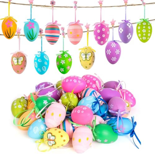 Ostereier zum Aufhängen, 24 Stück Bunte Ostereier Plastik, Ostereier mit Band, Ostereier zum aufhängen draußen, Ostereier Kunststoff mit Schnur, Ostereier Deko, für Ostern DIY Handwerk Frühling
