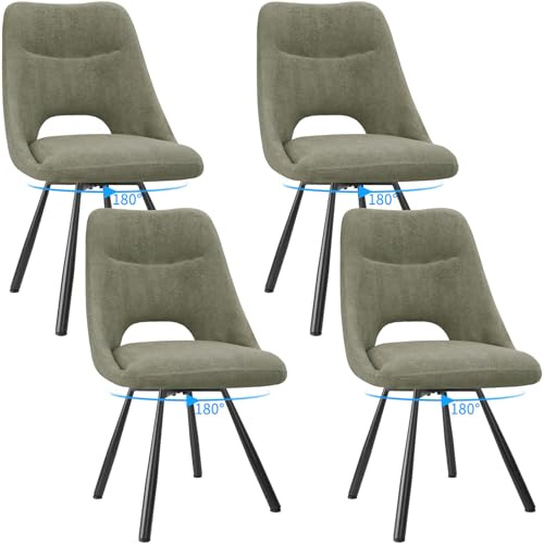 FRUOGO 4er Set Esszimmerstühle, 180° drehbarer Küchenstuhl, Frisiertischstühle aus Baumwoll-Kaschmirimitat, moderner gepolsterter Wohnzimmerstuhl mit Metallfüßen, Graugrün