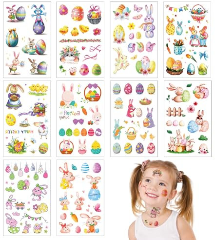 10 Blätte Easter Stickers, Kinder Ostereier Sticker, Ostern Tattoo-Aufkleber, Ostersticker Kinder Aufkleber Osterdeko, Osterhasen Ei und Küken Stickers, Frohe Ostern Tattoo Aufkleber