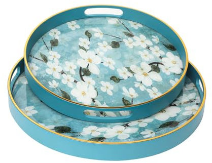Vanity Living Set of 2 Round Trays – Elegant Decorative Serving Trays for Coffee Table, Living Room, and Home Décor (Blue White)