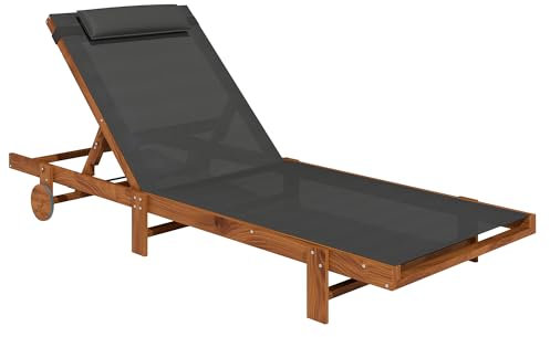 Outsunny Sonnenliege mit Rädern und 4-stufig Verstellbarer Rückenlehne, Gartenliege mit 600g/m² Textilene Atmungsaktive breite Sitzfläche und Kopfstütze, für Strand, Garten Pool, Schwarz
