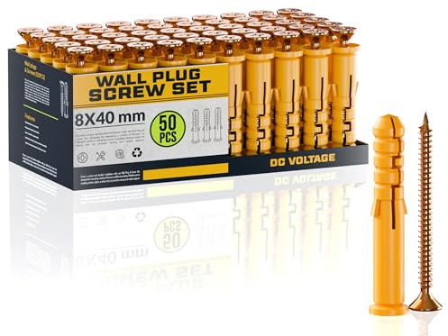 DC VOLTAGE 50 Pcs Wall Plugs and Screws Set 8mm x 40mmConcrete Fixings Screws and Wall Expansion Anchors Plugs Kit Wall Hanging Mounting TV Mount Drywall Self Tapping Screw Wall Plug